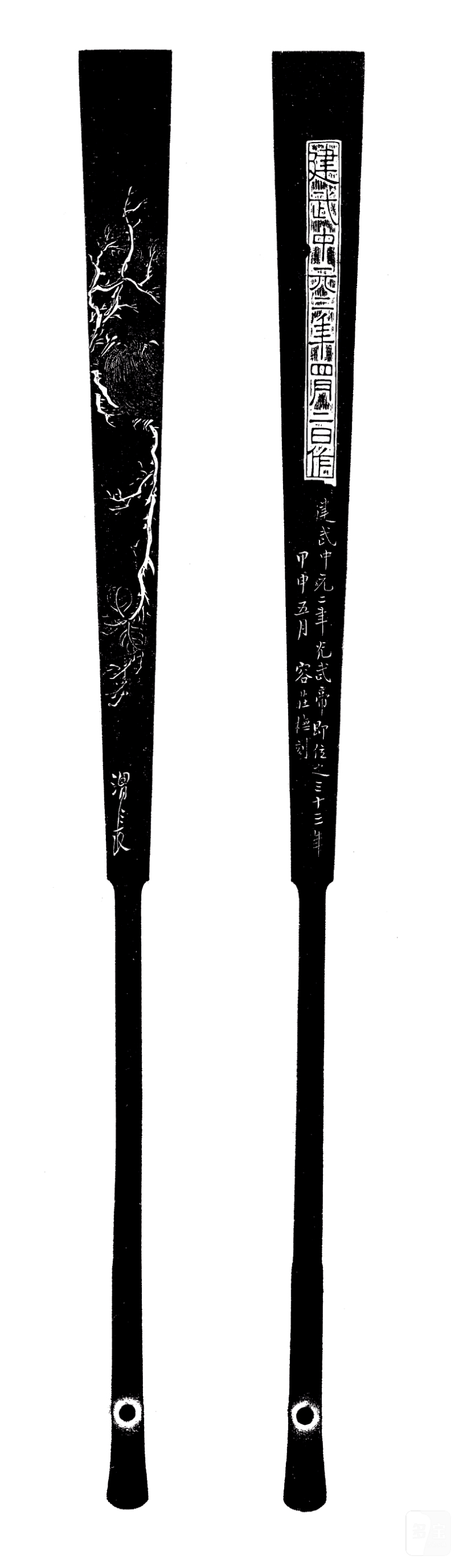 清 光绪十年 1893 蔡照刻 任熊画花鸟并汉砖铭 张子元制扇骨 - 图3